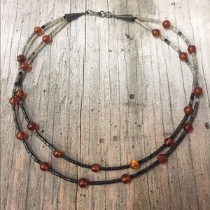 Amber and Black heishi double strand necklace